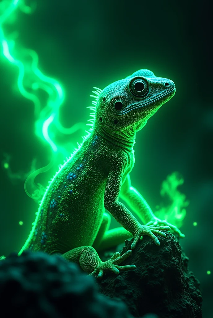 green neon electric sigma gecko with background green fire and name of “Gico”, logo, green neon outline, suitable for gaming