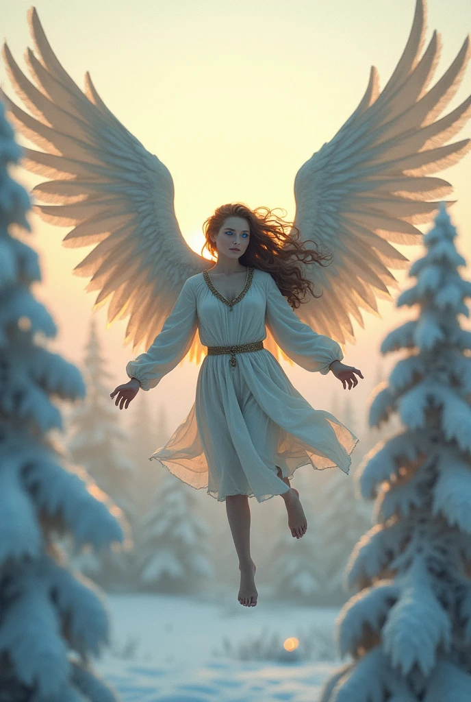 ( photorealistic) ( details) (mithology) flying harpy with beautiful girl face, blue eyes, full body, golden hour, winter