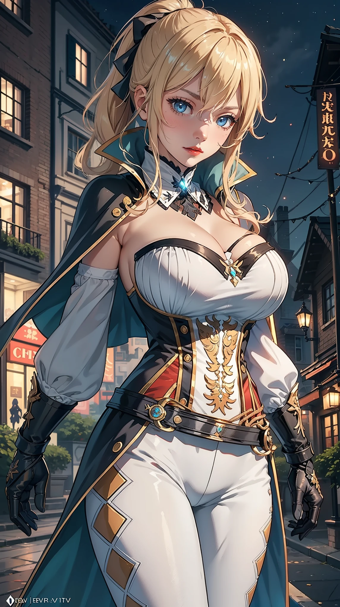 Masterpiece, ultra detail, high quality, 8k cg, jeanfavonian, blush, bright eyes, detail face, dynamic poses,night city view background, looking at viewer, huge breast, super detailed, red lip, make up, slim body, narrow waist