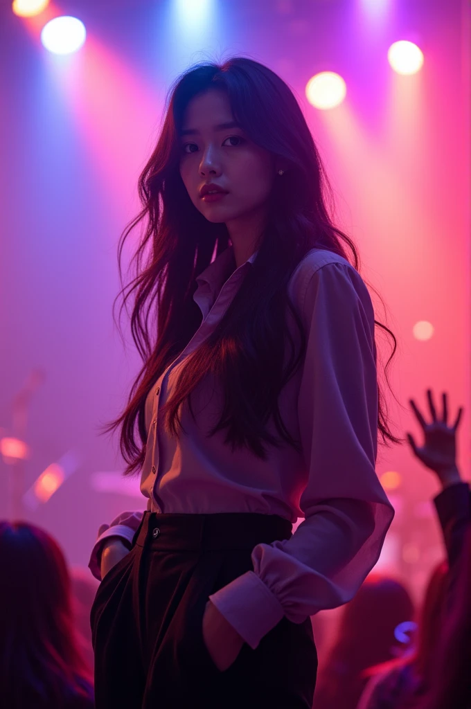 HanaFull Name: Kim Hana (Kim Hana)Position: Leader, Lead VocalistAge: 21 Height: 1,65mAppearance: Long wavy black hair, with purple-dyed tips. Big, light brown eyes. elegant fashion style, with a touch of vintage glamour.Personalidade: Charismatic, confident, and with a striking presence on stage. Off stage, is sweet and affordable.