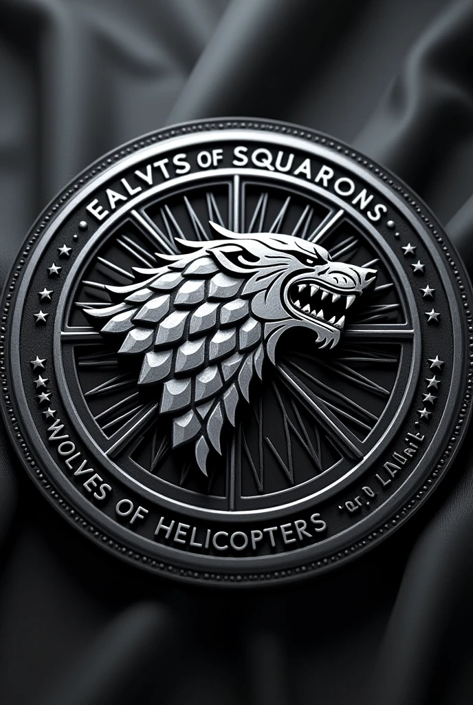 Make a circular patch of Aviation Squadron called Wolves of Helicopters MI 171, with the Sigil of House Stark, give it sleek modern look, picture of patch only no background