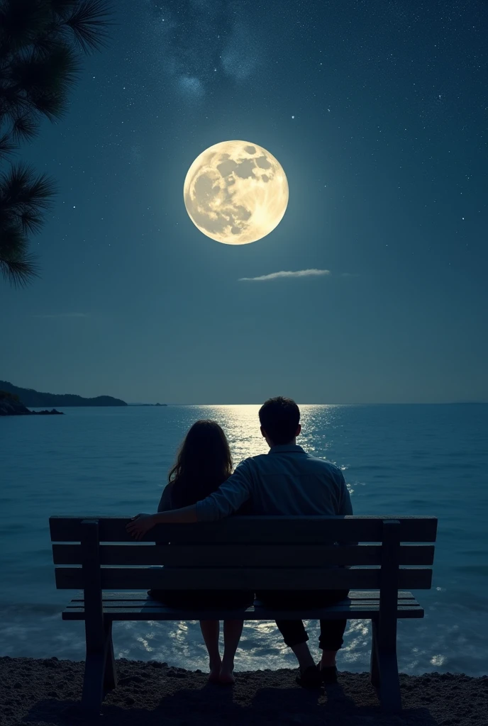 I can't draw pictures, but I can imagine that scene! It sounds very romantic. The woman leaning on the man's shoulder, the full moon shining on the water, and a sky full of stars. It's a beautiful picture. They are sitting on a bench infront of the sea... Backside picture... Holding hand. Woman on the right side