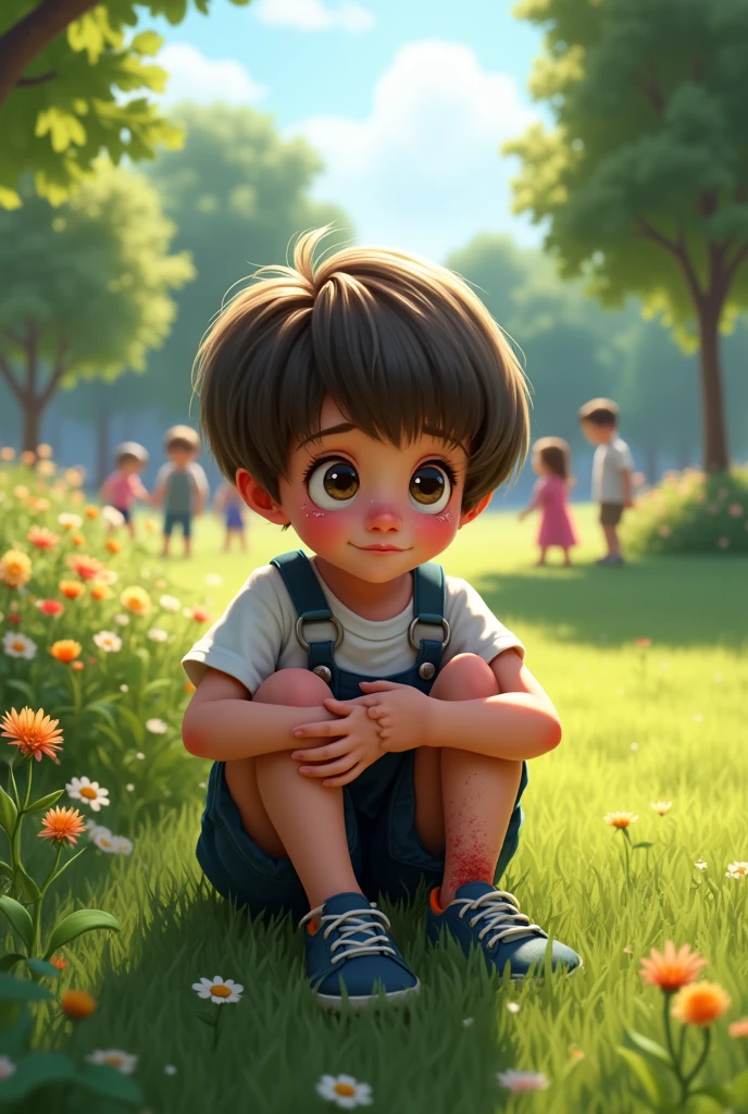 The with a bob haircut is crying because he fell off his bike.