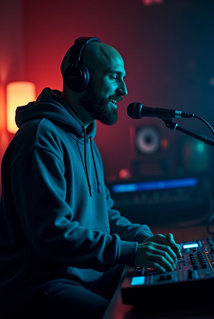 musical studio, a large room with very little light and a man singing, A mixing console is visible, a white man, he is bald and with a medium beard, but his face is not visible because he is facing away and wearing a sports hoodie, he has headphones and is singing into the microphone, dark room, The face can't be seen very well.