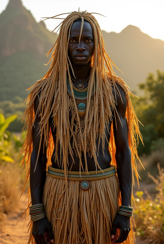 Black man covered in straw covering his face and entire body, he uses these straws to hide scars he has all over his body, His name is Obaluaiye and he is the king of an ancient empire that is located in what is now Nigeria.