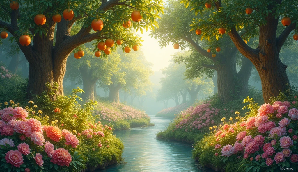 A vision of the Garden of Eden, full of fruit trees, flowers and a serene environment. pastel colours, soft and relaxing. Classical painting style, transmitting peace and beauty.