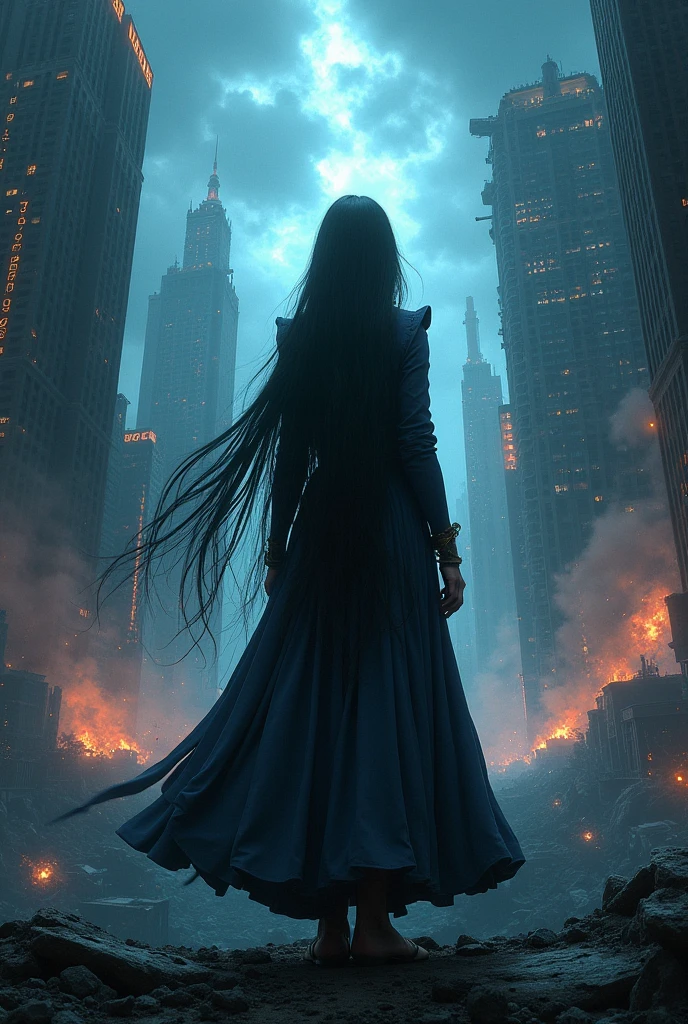 A book cover  The cover features Valentina, a young mage, seen from behind with long, black hair. Her face and skin tone are hidden. She is standing in a devastated, post-apocalyptic cityscape, with ruined buildings and a dark, ominous sky. The background combines elements of futuristic technology and ancient magic, with glowing runes and broken machinery scattered around. Valentina is with a faint aura of power surrounding her. The overall mood is intense, dark, and mysterious, hinting at the epic struggle and the clash of magic and technology.