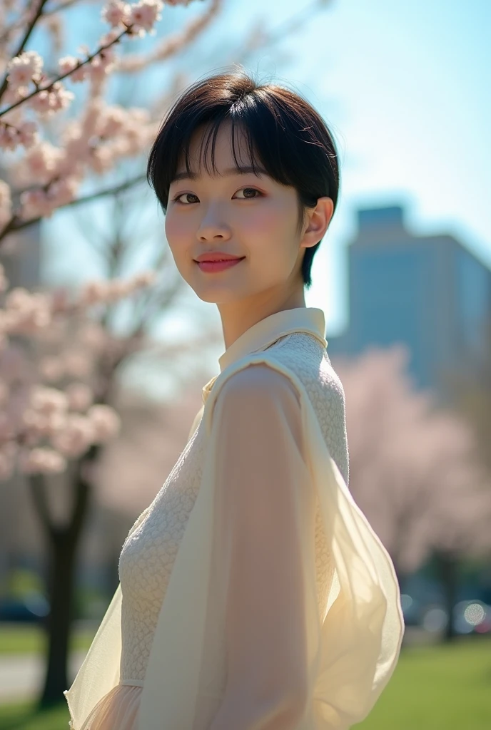 Young woman with green eyes, short black hair, tall and slim, full body, smiling and serious