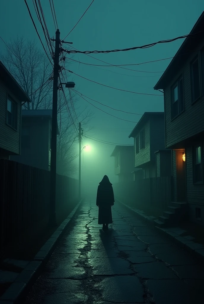 A deserted street at night, illuminated only by a single street lamp casting long, distorted shadows on the ground. No fundo, a cloaked figure, partially obscured by the darkness, Watching from afar, immobile. The windows of the surrounding houses are closed, but one has a faint sliver of light coming from it, suggesting someone is watching. The thick fog floats across the ground, criando uma atmosfera inquietante, and the silence is broken only by the distant sound of footsteps, echoing down the empty street.