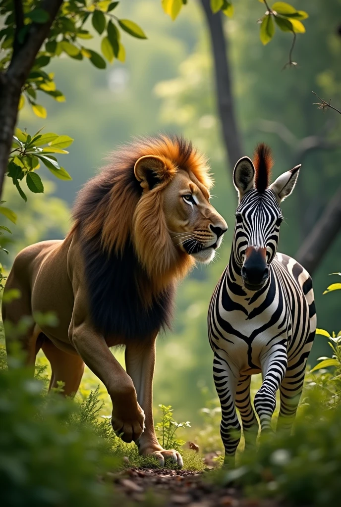 Ai lookbook alion and zebra video taking about them and then lion eating zebra with in forest