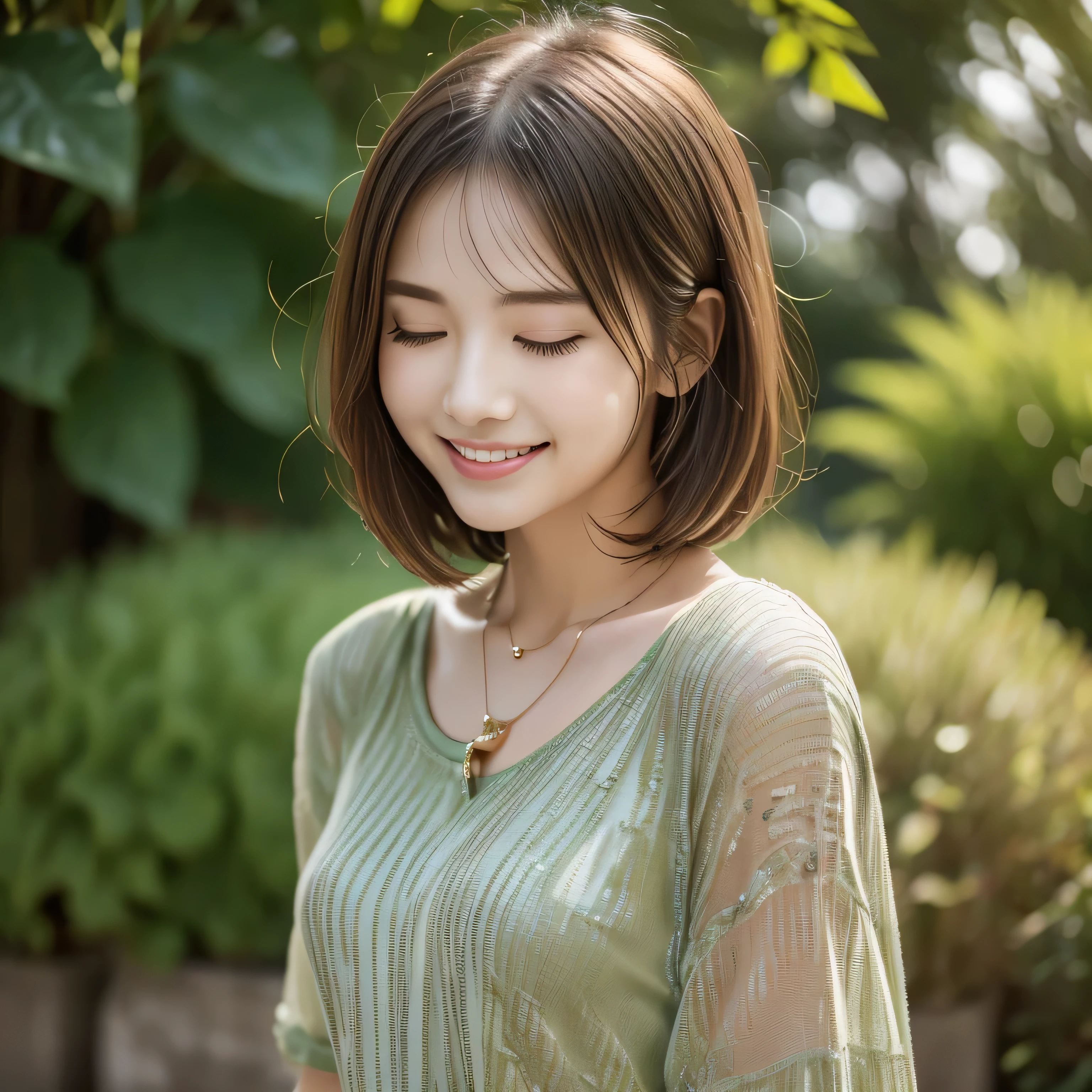 ((Highest quality))、(masterpiece:1.4)、RAW Photos、8k、((Best image quality))、 ((High resolution))、Beautiful face in every detail、realistic human skin、Gentle expression、(one person:1.4, one personの女性:1.3 )、Realistic、(Medium Hair:1.4, bionde:1.3)、(Beautiful woman)、(Cute Japanese:1.3)、(B cup bust:1.3、Balanced style:1.2)、((mannish))、((Beautiful woman))、(Beautiful Hair)、(Show your forehead)、(((Red cheeks)))、(Her eyes are big:1.3)、20 year old beauty、(Her face is small:1.3 )、Small Head、(Long neck:1.3)、necklace、((botanical garden))、(T-shirts)、((A lot of houseplants))、(Watering with a hose:1.3)、((Close your eyes and smile broadly))、(popular person)、(Dynamism:1.3)、(Larger clothes)