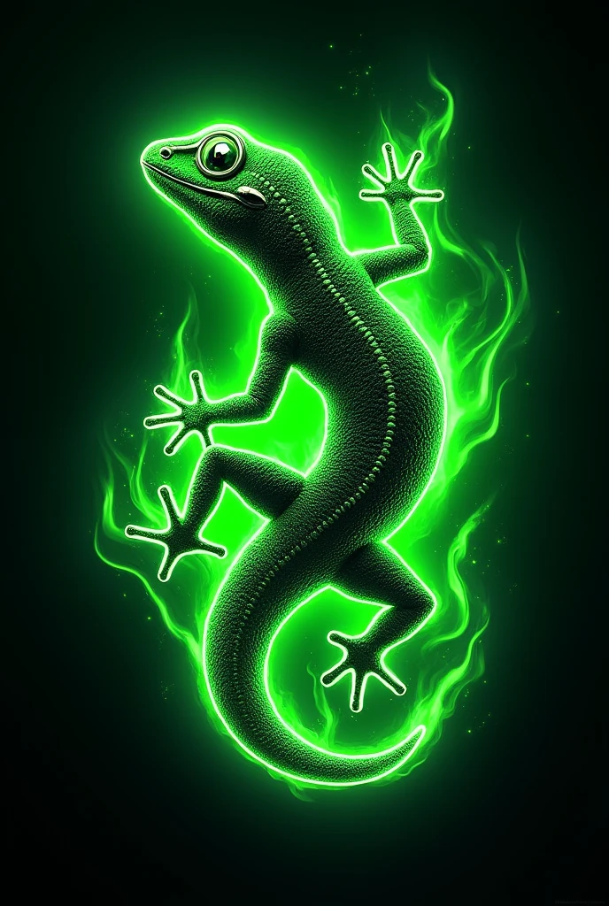 green neon electric gecko with background green fire and name of “Gico”, logo, green neon outline, suitable for gaming