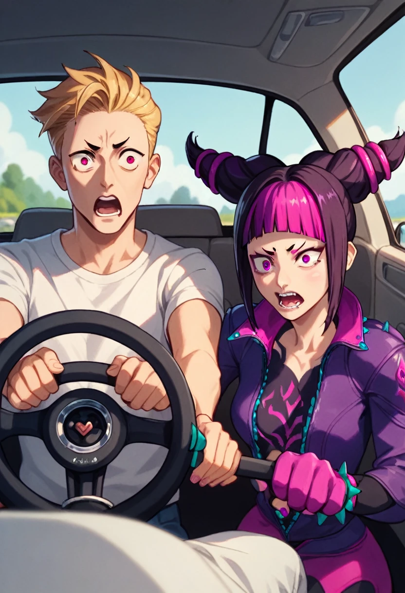 power_crashes_kobeni's_car_(meme), 2girls, (Juri Han left side, holding steering wheel:1.3), (Cammie White right side:1.3), perfect hands, inside car, shocked