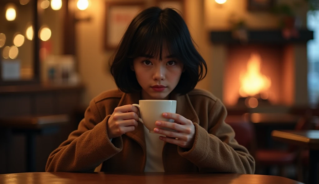 ((photograph), (Realistic), born, Extreme Detail, Cozy cafe scene with fireplace。, Dim lighting. Short young woman, Round face,Short Bob,A woman with black hair sits at the table with a calm expression.。, Holding a hot drink in both hands。The cafe's interior and the faint light reflections are expressed using double exposure.。. The atmosphere is intimate, friendly and quiet。, The focus is on a calm moment as the woman slowly sips her drink.。,