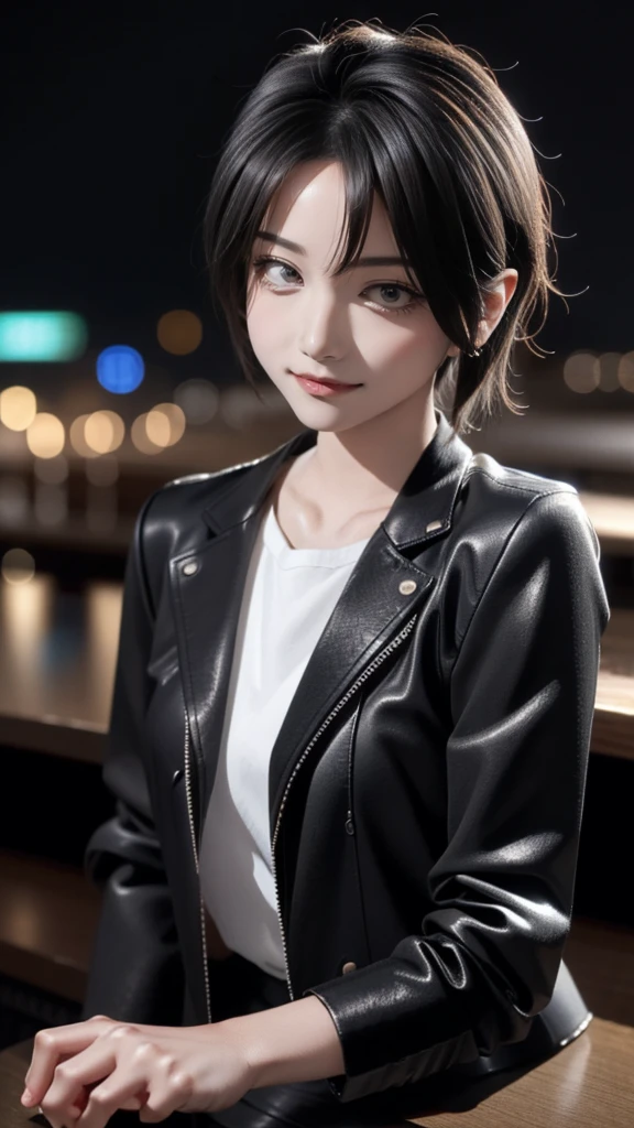 portrait photo of elexissinclaire wearing esjacket at a nightclub sitting at bar, wicked smile, (masterpiece) (best quality) (detailed) (8k) (HDR) (wallpaper) (cinematic lighting) (sharp focus) (intricate)1人の, ソロ, 大きな胸, イヤリング, 