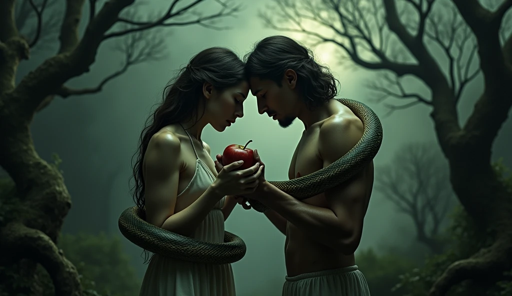 A symbolic representation of the fall of Adam and Eve, with the apple and the snake. Dark and gloomy colors, creating an atmosphere of sadness and regret. dramatic style, focusing on expressions.