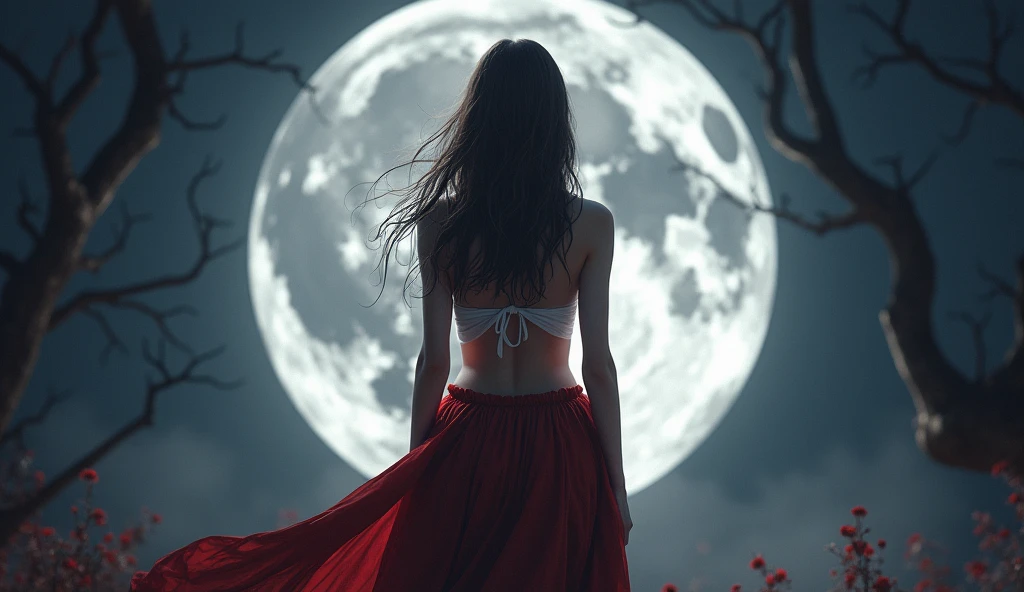 1 girl,skirt,new moon,whole body,, masterpiece,best quality,Super detailed,anatomically correct,((Best quality)), ((Masterpiece)), ((Realistic)),((4K resolution)), UHD ((( hips, breast)))