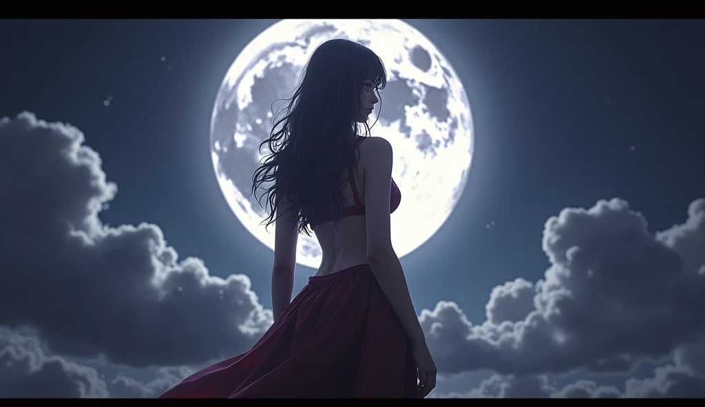 1 girl,skirt,new moon,whole body,, masterpiece,best quality,Super detailed,anatomically correct，((Best quality)), ((Masterpiece)), ((Realistic))，((4K resolution)), UHD ((( hips, breast)))