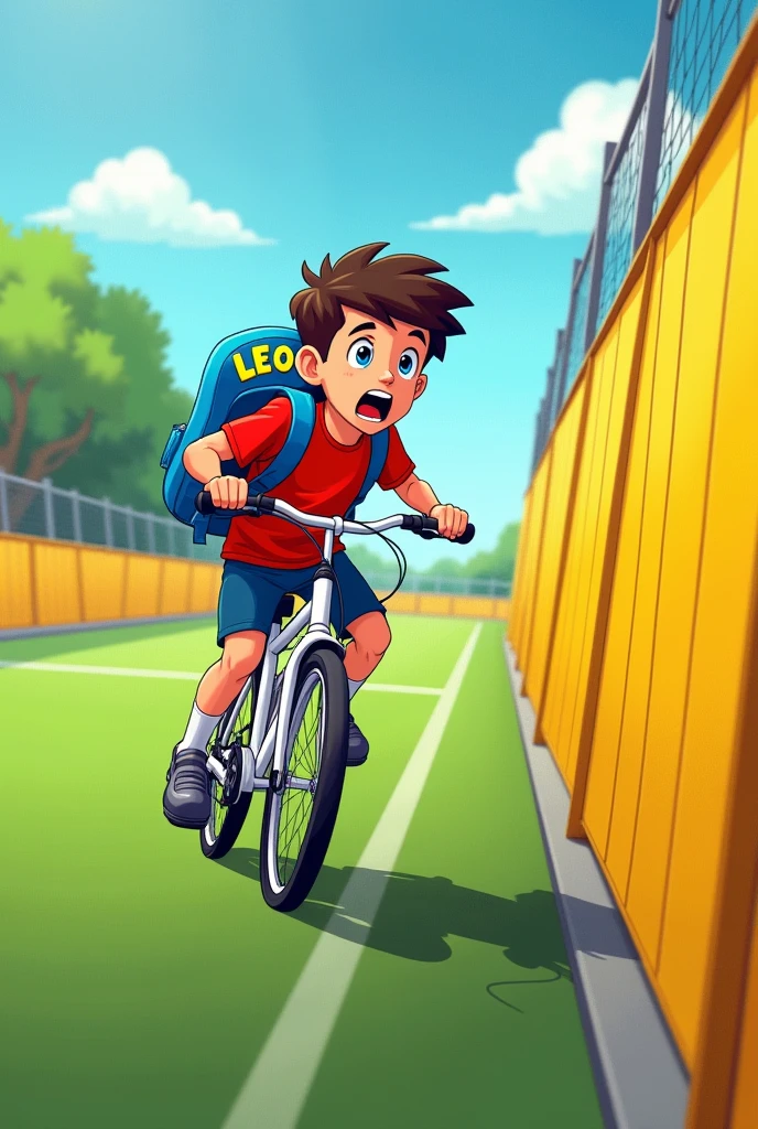 disegna con uno stile CARTOON un bambino di 12 anni basso magrissimo e con la frangetta simile a quella di phil foden.
He's on a white bike, He's coming out of the soccer field where he plays, con alle spalle il suo zainetto blu con scritto Leo in giallo.
You have to catch him as he crashes into a yellow school wall and even before falling he's already about to cry with his mouth wide open