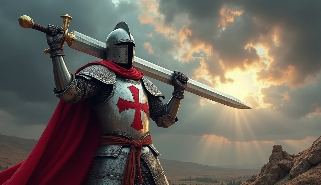 Design a flag for a Templar-themed team. The flag should feature a single Templar knight on foot, bravely wielding his sword and shouting with fierce determination. The focus should be on the knight’s valor and courage, capturing an epic moment as he stands ready for battle. The style should be medieval, with detailed armor, rich textures, and a dynamic pose. The background should enhance the drama, perhaps with stormy skies or a rugged landscape, emphasizing the knight's unwavering bravery.
