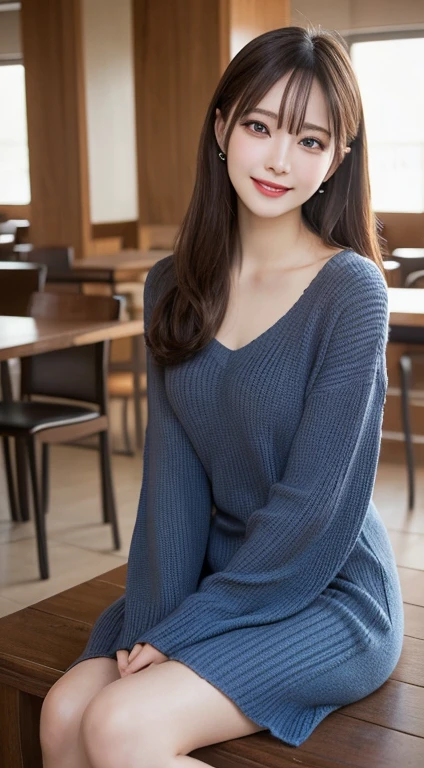 Tabletop, Highest quality, shape, Very detailed, In detail, High resolution, 8k wallpaper, Perfect dynamic composition, Beautiful attention to detail,  Natural Lip, Knit dress ,  Random sexy poses, whole body, Moe sleeves, smile,