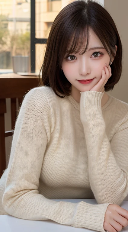 Tabletop, Highest quality, shape, Very detailed, In detail, High resolution, 8k wallpaper, Perfect dynamic composition, Beautiful attention to detail,  Natural Lip, Knit dress ,  Random sexy poses, whole body, Moe sleeves, smile,