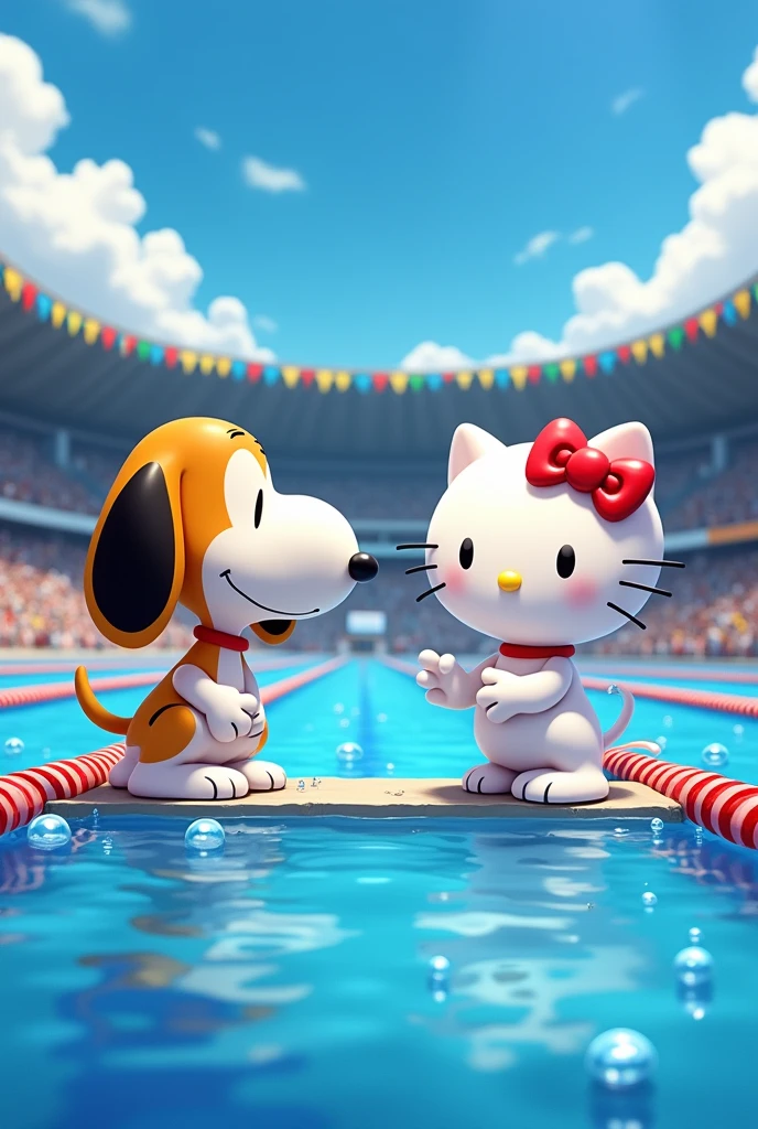 Snoopy and Hello Kitty talking in the Olympic pool