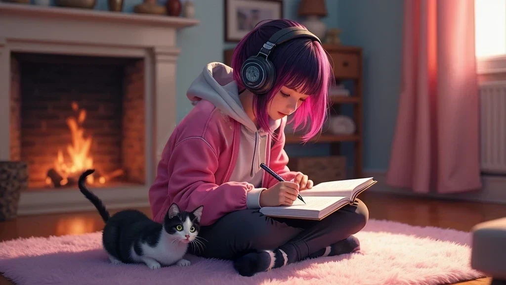 A beautiful young e-girl, wearing headphones, a stylish pink blouse and black clothing, and toe-less socks, is sitting cross-legged on a cozy rug, writing in a notebook. The scene is set in a warm, inviting room with a crackling fireplace in the background. A curious kitten with heterochromatic eyes is sitting nearby, watching intently as she writes. The image should be highly detailed and artistic, with a 16:9 aspect ratio full hd