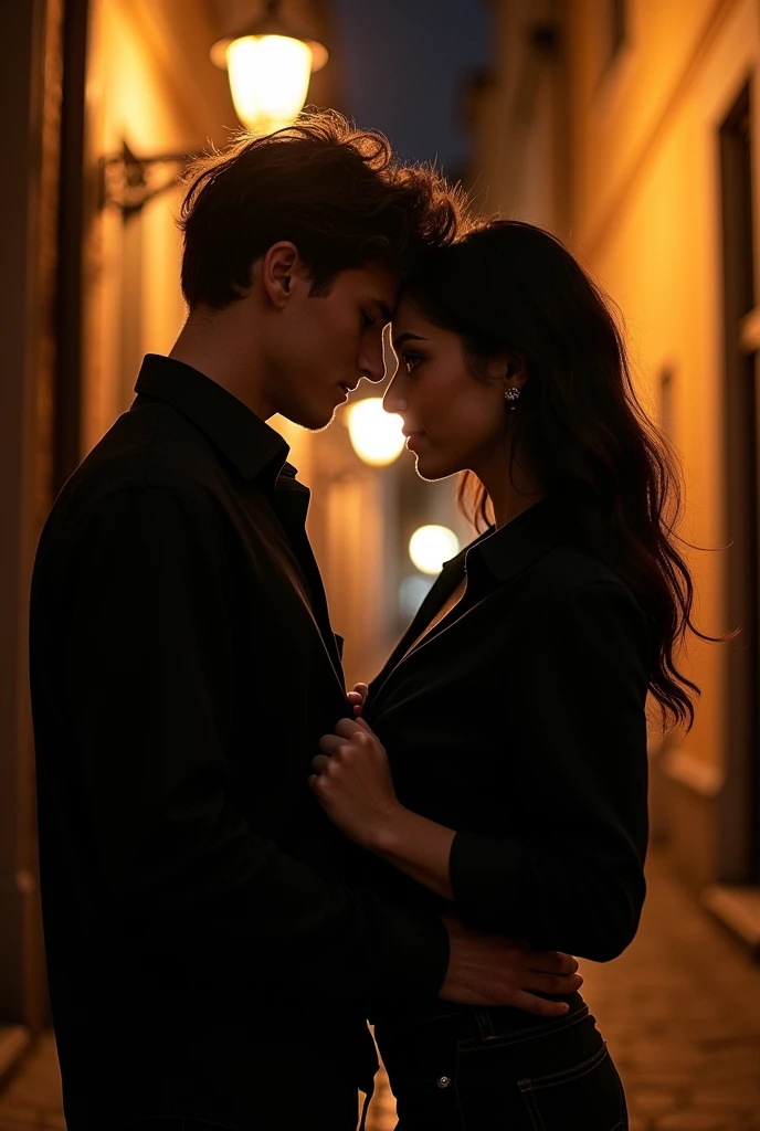 "Create a sexy, romantic anime-style image of a boy and a girl standing close together on a quiet, dimly lit street at night. Both are wearing modern black shirts, adding to the edgy vibe. And also the boy trying to open the girl's shirt. The boy leans in slightly, his expression confident and seductive, while the girl meets his gaze with a bold, sultry look. The soft glow of streetlights casts a warm light over them, creating a shadowy, intimate atmosphere that reflects the line 'You must be tired, because you've been running through my dirty thoughts all night.'"