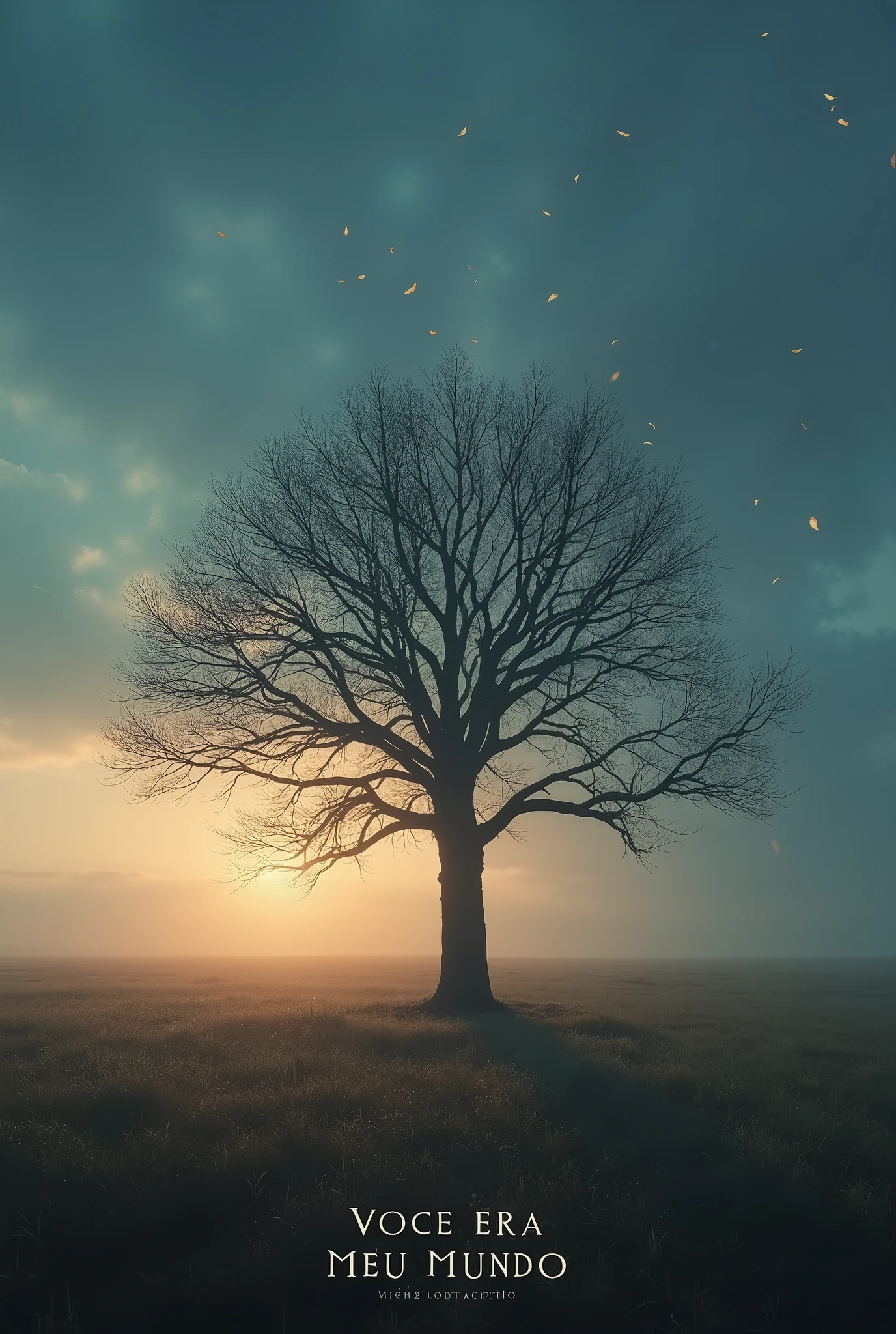 Create a melancholic and romantic album cover for the song 'VOCE ERA MEU MUNDO,' with the title prominently displayed on the image. The scene should depict a vast, empty landscape at twilight, where the sky is painted with deep blues and purples, transitioning to the golden hues of a setting sun. In the center of the image, place a single, weathered tree, its branches bare and reaching out as if longing for something lost.
Surround the tree with subtle, ghostly images of falling leaves, symbolizing the passage of time and fading memories. The ground should be covered in soft, dewy grass that seems untouched, evoking a sense of isolation and quiet sorrow. The background should blur slightly towards the edges, creating a dreamy, almost surreal effect.
Ensure that the title 'VOCE ERA MEU MUNDO' is clearly and prominently displayed in elegant, delicate typography across the image, blending seamlessly with the overall design but standing out enough to capture attention. The overall mood should evoke a sense of longing, loss, and the bittersweetness of a love that was once central to one's world but is now a memory.