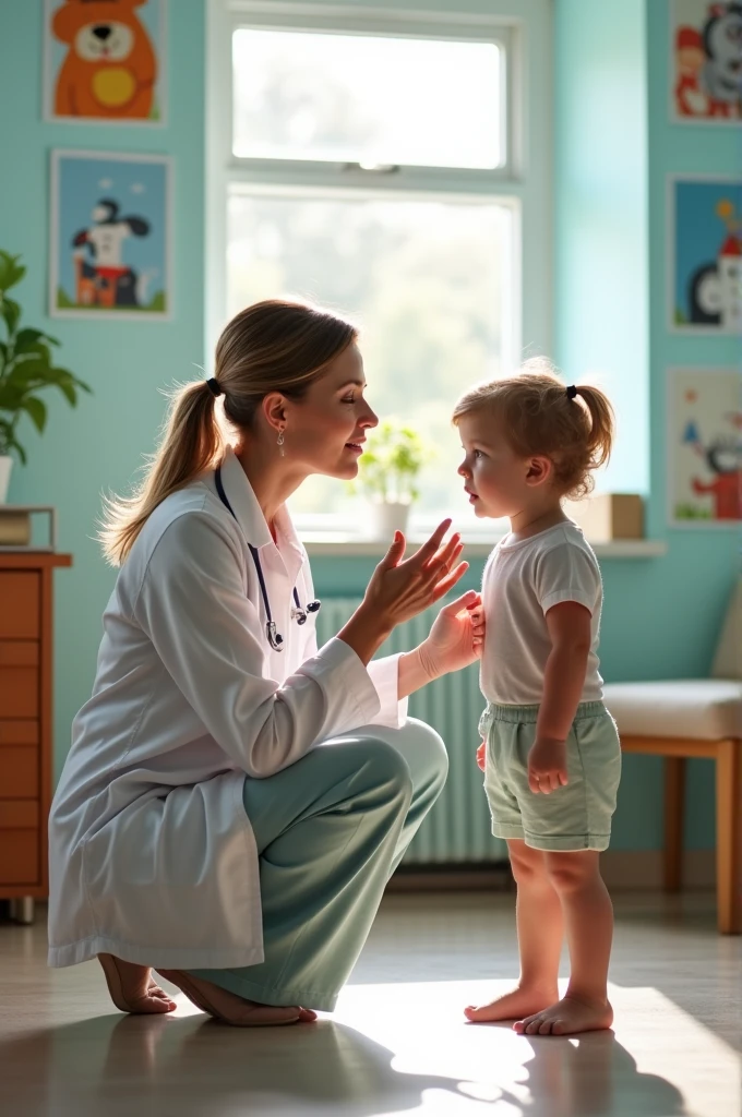 An older blonde brunette pediatrician doing her job