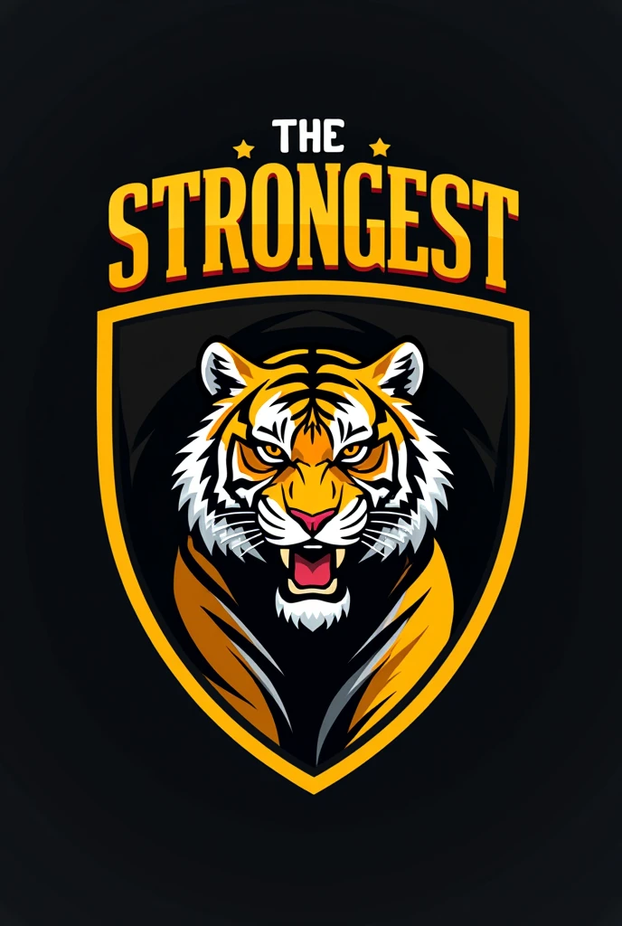 Create a crest for a football team called 'THE STRONGEST'. The design must include the title 'THE STRONGEST' prominently AT THE TOP AND THE WORD "THE RODEO" AT THE BOTTOM OF THE SHIELD, . Use BLACK and yellow divided with vertical lines as the main colors,. The shield should have a modern and elegant look, incorporating elements that symbolize strength, unity and sportsmanship. besides, includes a tiger that blends harmoniously with the shield.