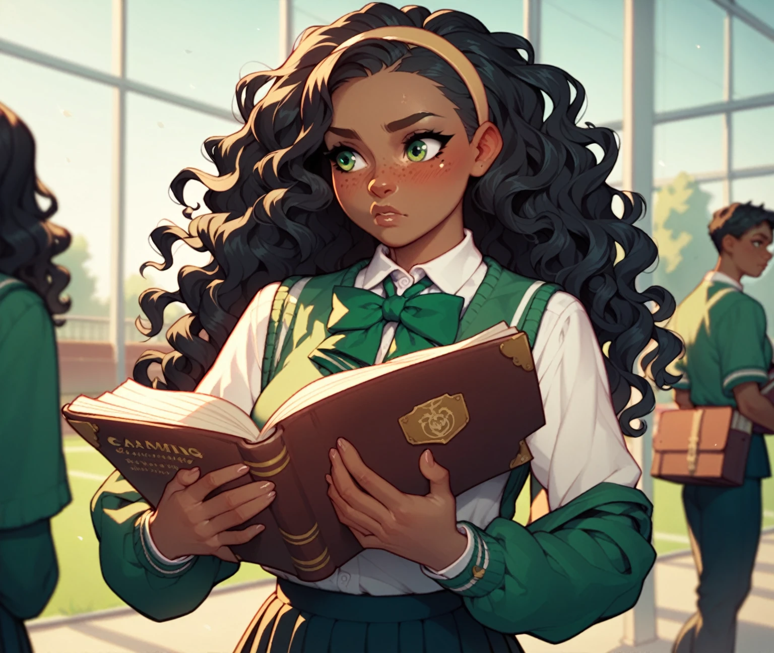 (Female), (Dark Tan Skin), black hair, (long wavy hair), green eyes, faint blush and freckles, curious expression, (school uniform outfit)), ((hair styled down with hairband), standing on campus, holding books, campus setting.
