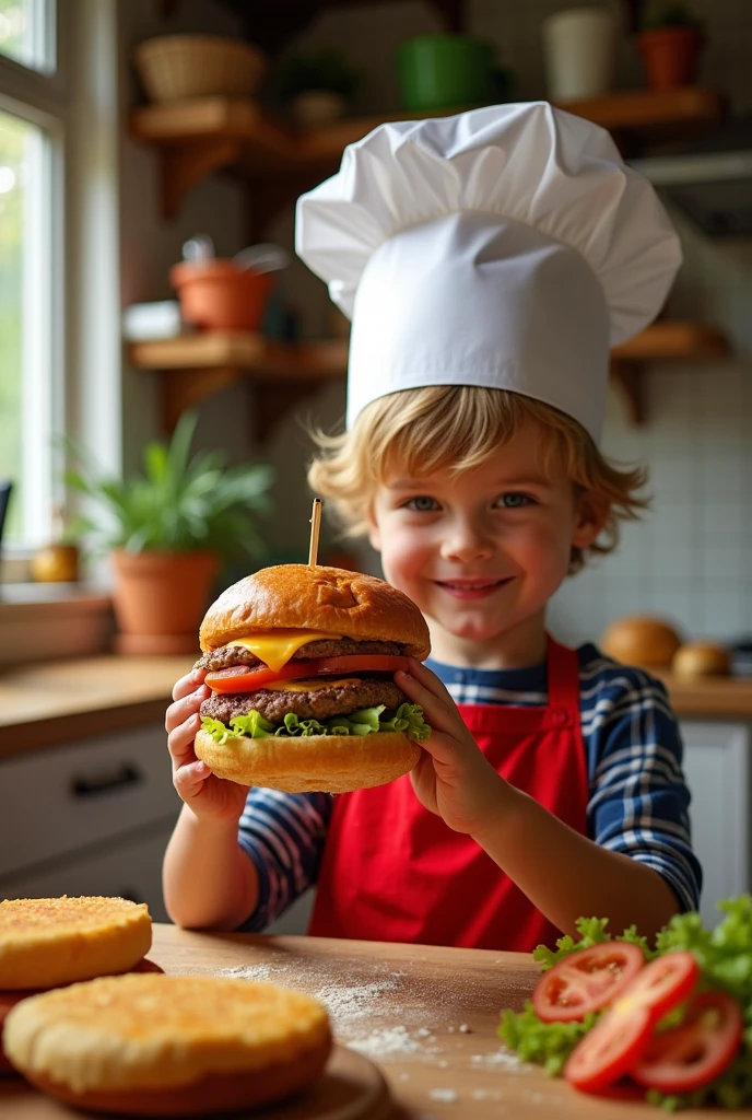 A little chef handing a hamburger to his father