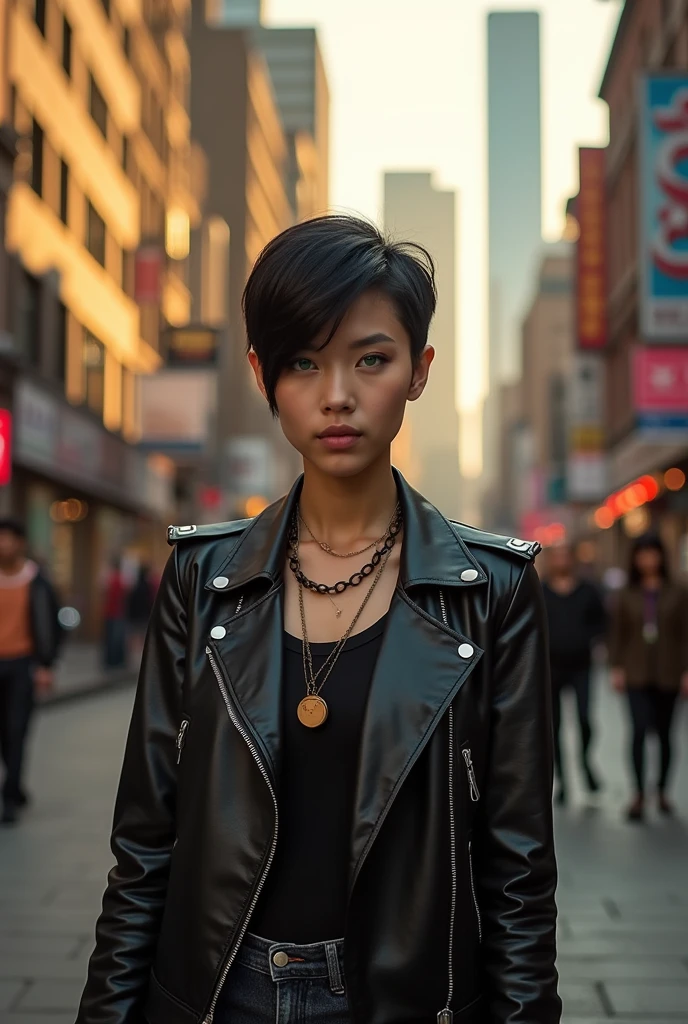 Young woman with green eyes, short black hair, tall and slim