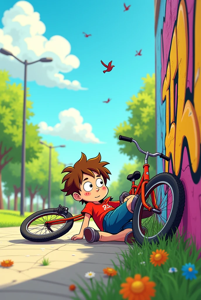 A boy with little hair hit a wall and fell off his bike cartoon version