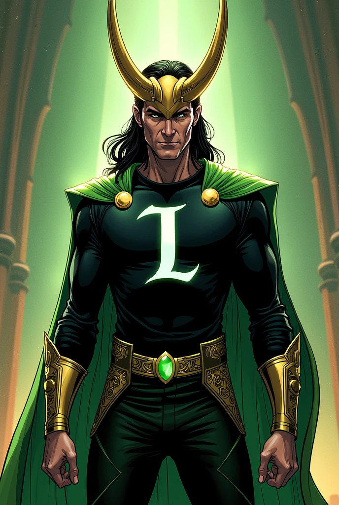 Marvel's Loki wearing a black shirt with an L in the middle and green, wearing a horned helmet, a green cape and black pants.