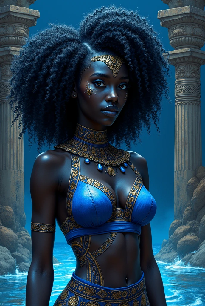 Computer graphics above,(masterpiece),(incredibly detailed, highest quality),1 girl,African Goddess, Dye, Prevalence of blue color, perfect bodies, sketchbook, hand painted, mysterious, Bravery, sketch realista, sketch, A strong combination of dark colors and loose lines.., bold lines, portraits, full body, lesbian, African symbol, Water symbol, Dark Themes, прекрасная big breasts,dynamic poses. . sexy pose, Black woman-goddess, they are from Afro, With a powerful presence of the whole body, diaphragm without pleasure, striking and bare breasts, striking full body, open legs, big breasts, huge buttocks, Afro hair with curves to the hips, Intricate tribal hair design, in front of a detailed ancient temple (beautiful girl), (Detailed and small),, ((ideal female figure)), thin waist,(breasts with hard black nipples)), ((hard nipples)), black woman, sexy pose , thick and sensual lips. thin waist, perfect nose, -beautiful eyes, -perfect thick lips, bare breast-breasts ((голая - big breasts)), ((huge breasts with black nipples))-hard nipples--piel negra---cuerpo hermoso-hermoso-sexy-delgado----hermosas piernas curvas, with decorations, perfect body anatomy. 3:2