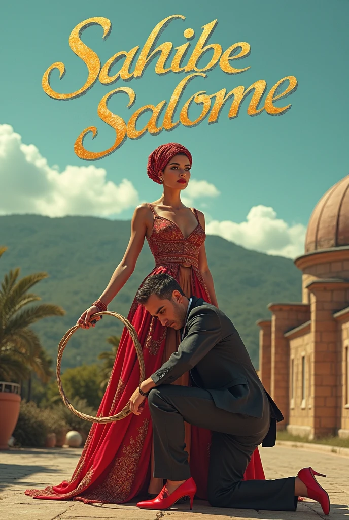 With headscarf, turbaned, red high heels on my feet, She lives in Tokat province with a whip in her hand and a collar on a man who is lying at her feet in the other hand.. In the sky " Sahibe Salome" writes.