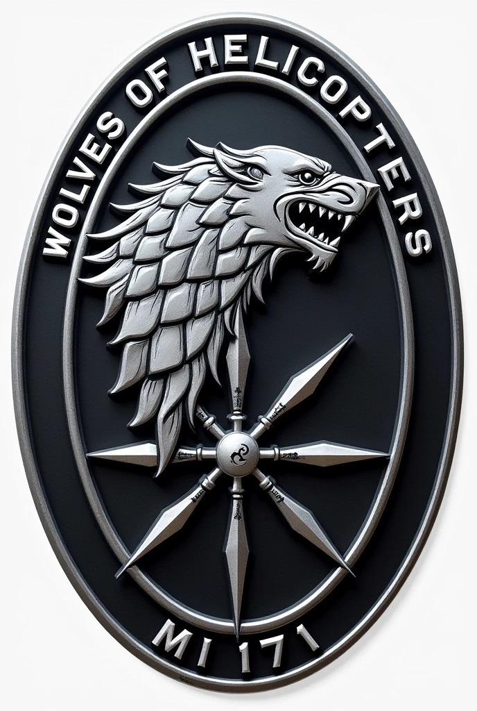 Make a circular patch of Aviation Squadron called Wolves of Helicopters MI 171, with the Sigil of House Stark, give it sleek modern look, Helicopter Rotors and Sigil on its Hub, picture of patch only no background 
