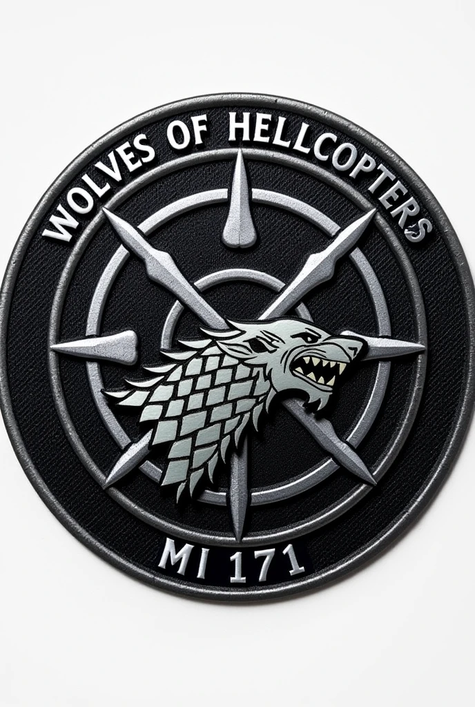 Make a circular patch of Aviation Squadron called Wolves of Helicopters MI 171, with the Sigil of House Stark, give it sleek modern look, Helicopter Rotors and Sigil on its Hub, picture of patch only no background 