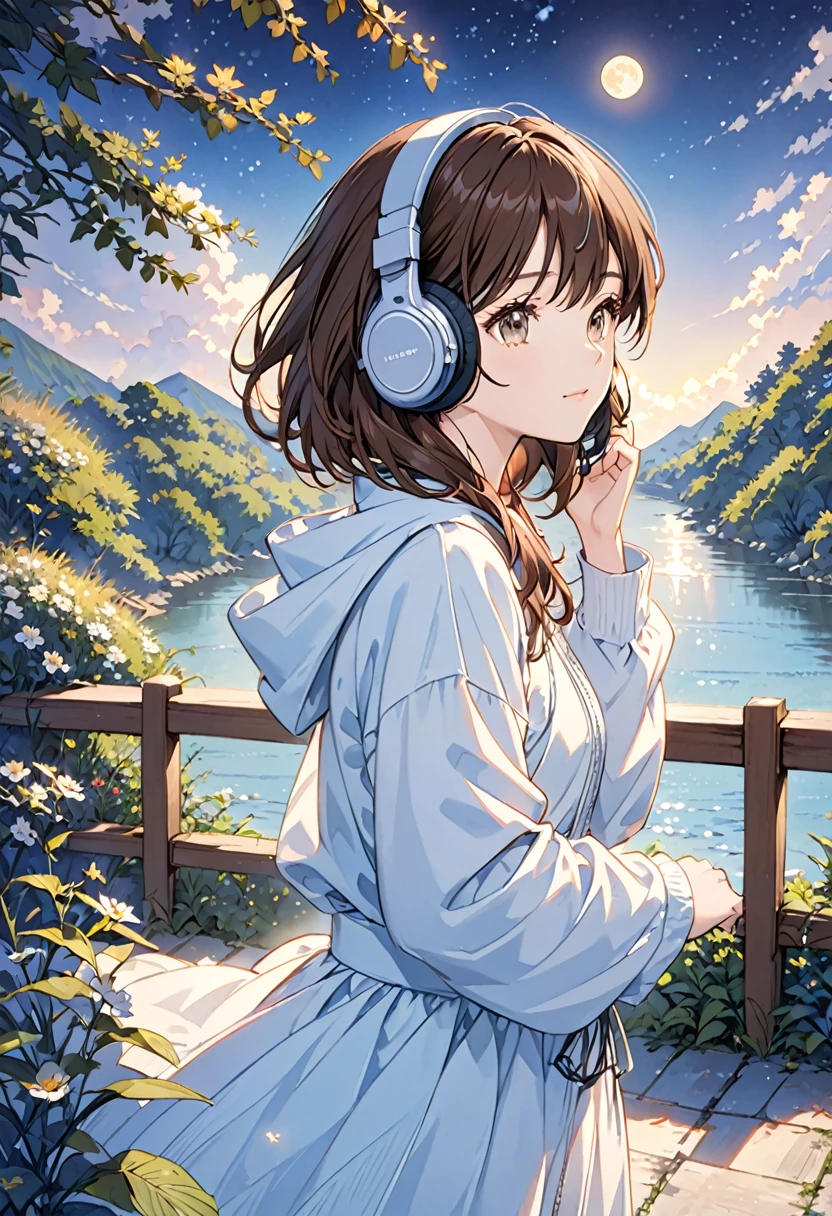I put on headphones,Brown Hair,1 person,Detailed Background,「Under the moonlight」