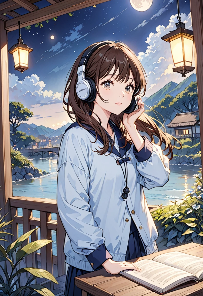 I put on headphones,Brown Hair,1 person,Detailed Background,「Under the moonlight」