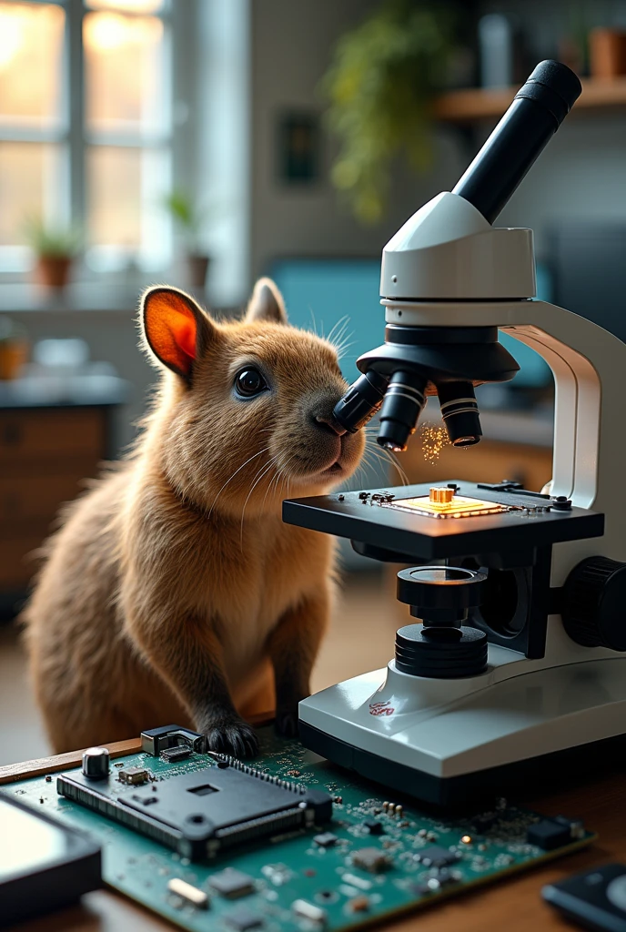 The capybara is looking at the motherboard through a microscope
