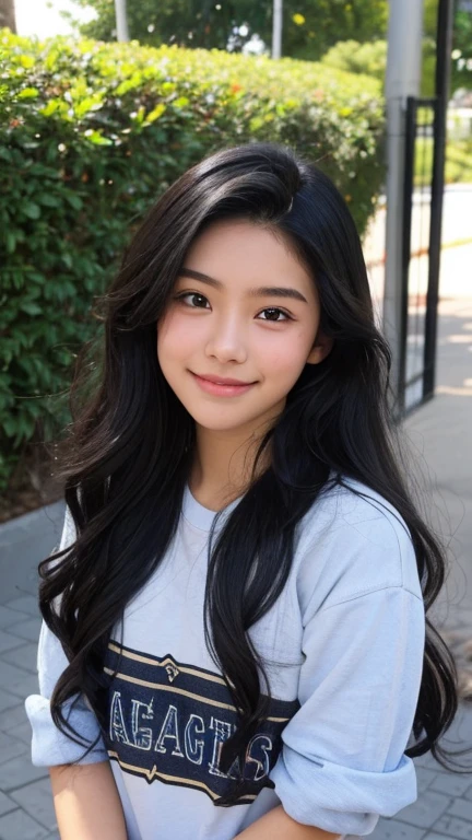 beautiful teenager, 15year old, Indonesian-American of mixed race, young, ssmile, blushful, wavy black hair,