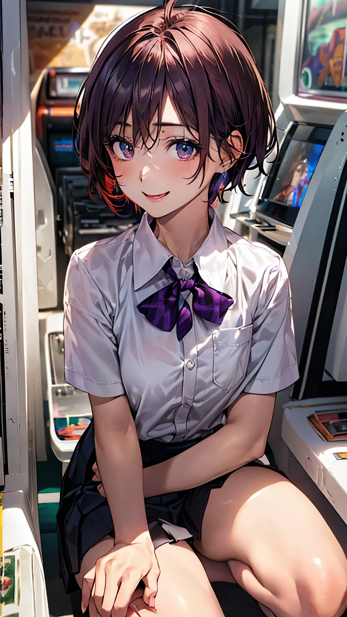 (masterpiece:1.2, highest quality), (realistic photo:1.4), beautiful illustrations, (natural side lighting, movie lighting),
beautiful hair, beautiful face, detailed and beautiful eyes, beautiful clavicle, beautiful body, beautiful breasts, beautiful thighs, beautiful feet, beautiful fingers,
looking at the viewer, 1 girl, high school girl, (perfect anatomy, anatomically correct, super detailed skin), cute symmetrical face, baby face, perfect face, perfect eyes, slender,
(short hair, pixie cut hairstyle, red hair), hair between eyes, break emerald green eyes, big eyes, slant eyes, long eye lasher, (medium breasts, seductive thighs), perfect body, shiny skin,
(detailed cloth texture, break (short sleeve light blue collared shirt), break (dark purple pleated skirt, dark purple bow tie), break loafer
(beautiful scenery), evening, (game_center, scenery, arcade cabinet, chair, poster (object), indoors), squatting, (lovely smile, upper eyes, open mouth),