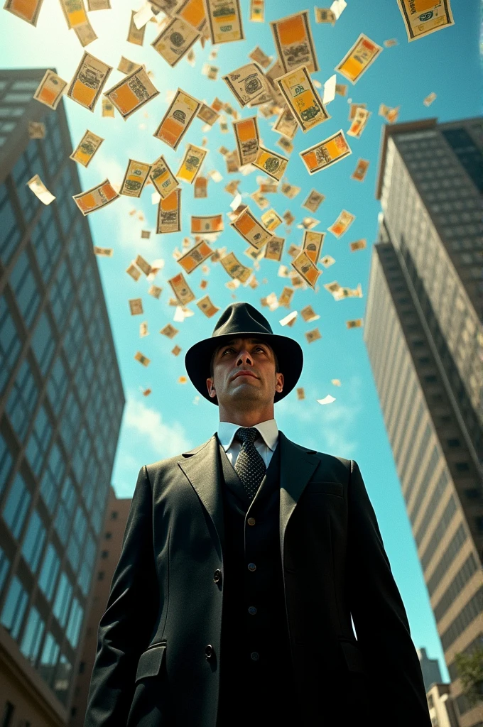 Man dressed in black looking at the sky full of money