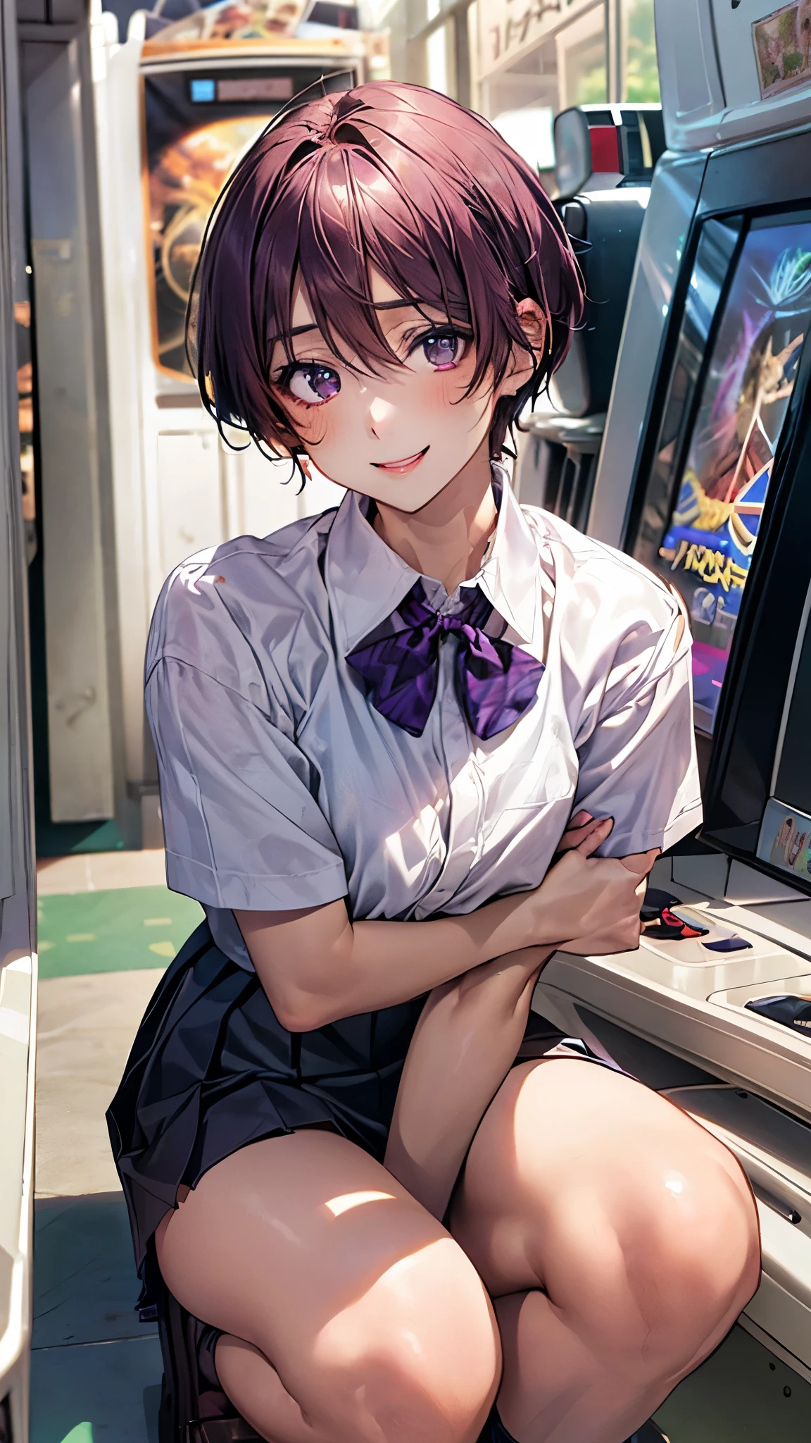 (masterpiece:1.2, highest quality), (realistic photo:1.4), beautiful illustrations, (natural side lighting, movie lighting),
beautiful hair, beautiful face, detailed and beautiful eyes, beautiful clavicle, beautiful body, beautiful breasts, beautiful thighs, beautiful feet, beautiful fingers,
looking at the viewer, 1 girl, high school girl, (perfect anatomy, anatomically correct, super detailed skin), cute symmetrical face, baby face, perfect face, perfect eyes, slender,
(short hair, pixie cut hairstyle, red hair), hair between eyes, break emerald green eyes, big eyes, slant eyes, long eye lasher, (medium breasts, seductive thighs), perfect body, shiny skin,
(detailed cloth texture, break (short sleeve light blue collared shirt), break (dark purple pleated skirt, dark purple bow tie), break loafer
(beautiful scenery), evening, (game_center, scenery, arcade cabinet, chair, poster (object), indoors), squatting, (lovely smile, upper eyes, open mouth),