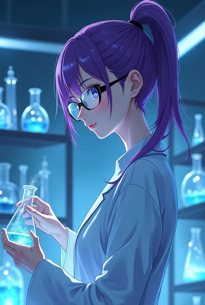Anime beautiful girl，scientist，Glasses，purple hair，ponytail，High and cold，The expression is flat，indifferent，scientific research，Flask，indifferent