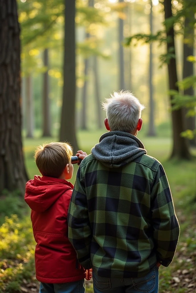 Un grand père et son petit fils sont en pleine forêt et regardent aux jumelles au loin. On les voit de dos